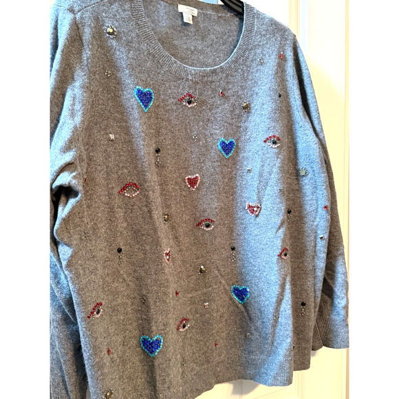 Halogen Cashmere Size 2X Rhinestone Beaded Sequin Stone Gray Sweater Hearts Eye - Picture 10 of 10
